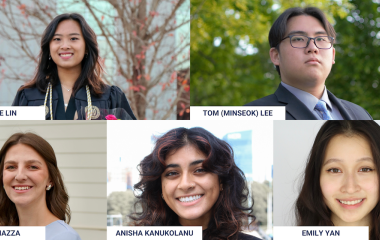 2024-2025 Fulbright Scholars, Top L-R: Claire Lin, Tom (Minseok) Lee. Bottom L-R: Gina Piazza, Anisha Kanukolanu, Emily Yan