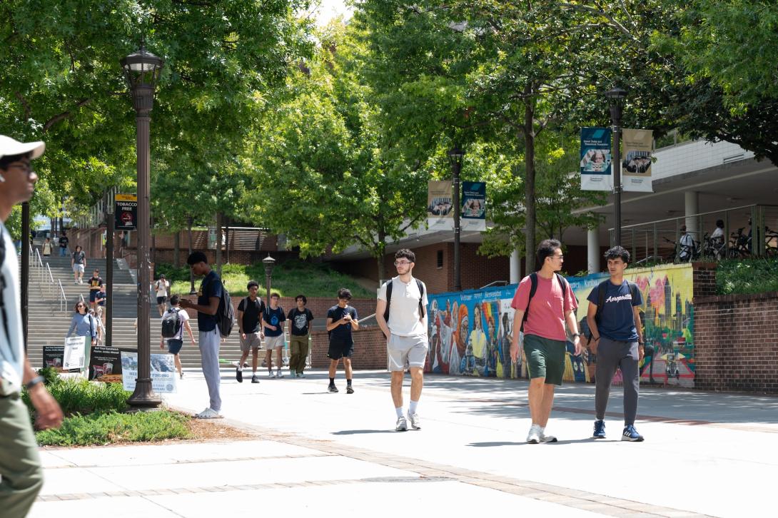 Students walking on Skiles Walkway. 